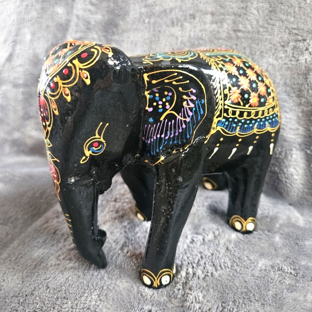 Handcarved Handpainted Elephant Raintree Wood Laqured Statue